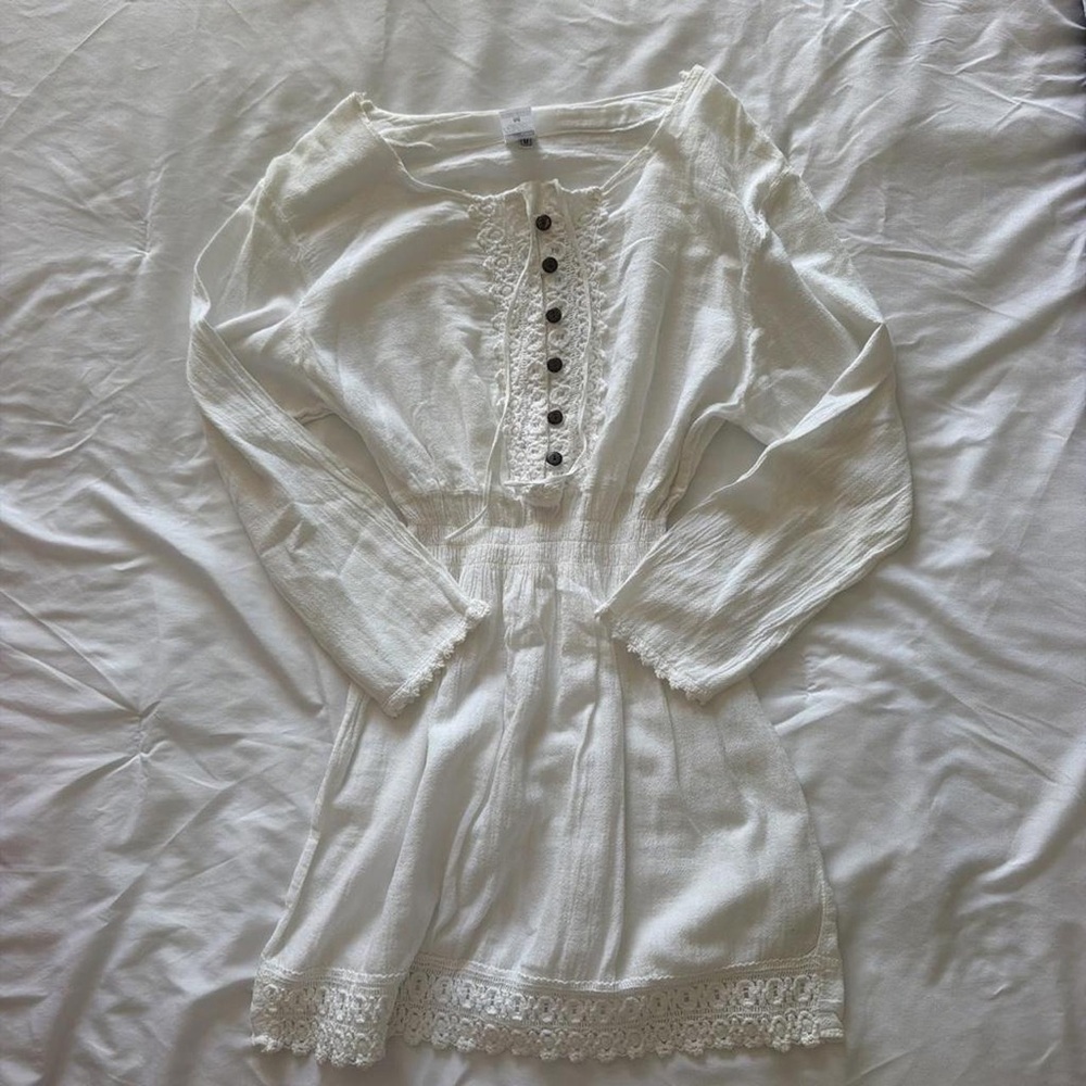 Boho White Crochet-Trim Long Sleeve Dress